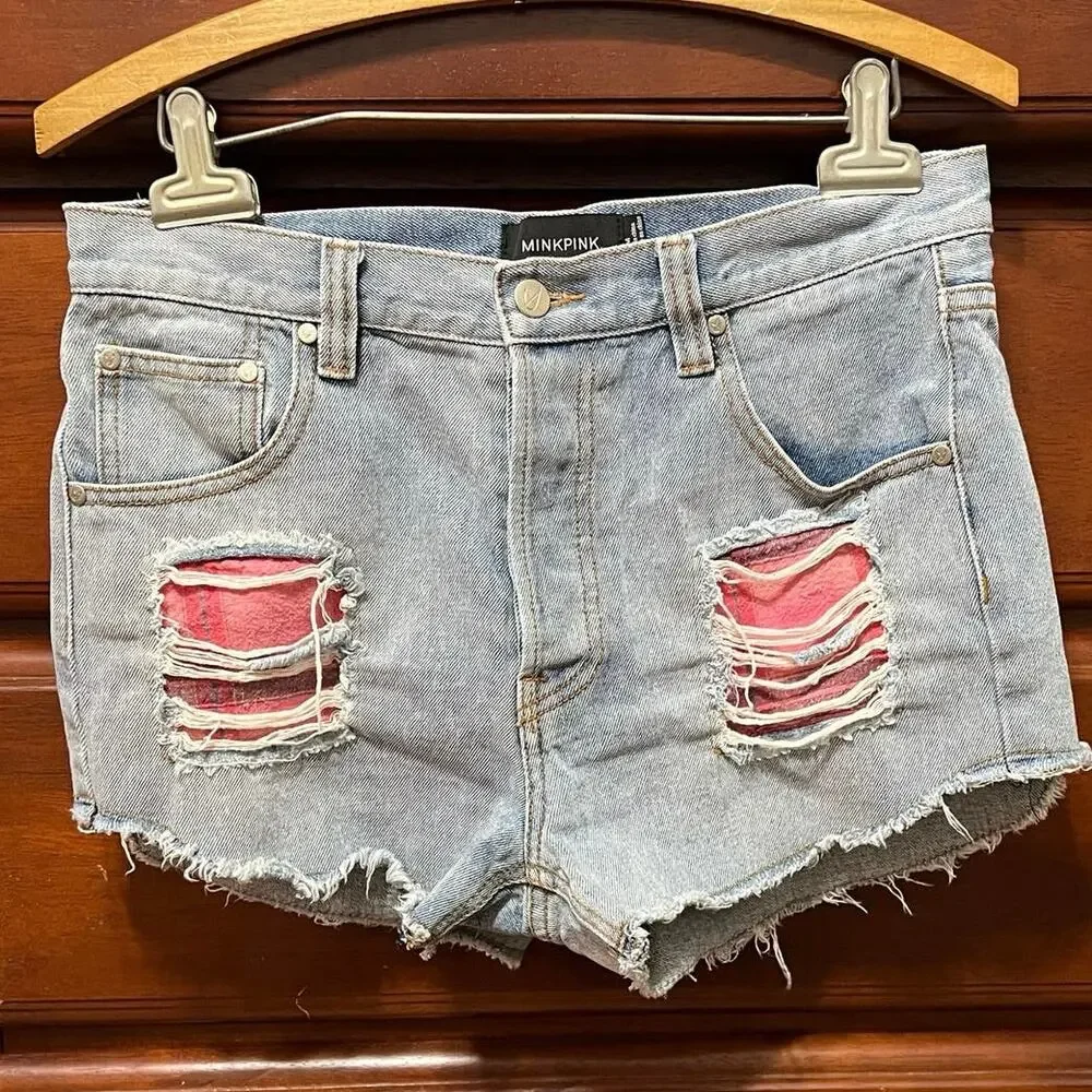 MinkPink women’s M shorts cutoff distressed patched denim button fly 5 pocket